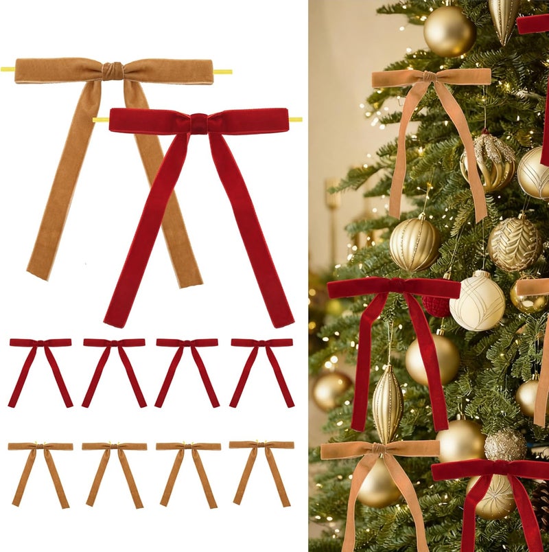 Pwiuor 30 Pcs Velvet Christmas Tree Bows Decorations, Vintage Velvet Ribbon Bows with Twist Tie for Wreath Garland Gift Wrapping Indoor Outdoor Decor(Red & Khaki) - Image 1